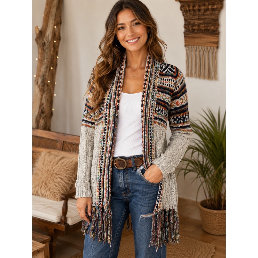 Haptics Holly Harper Boho Tribal Fringe Open Front Cardigan Sweater western M